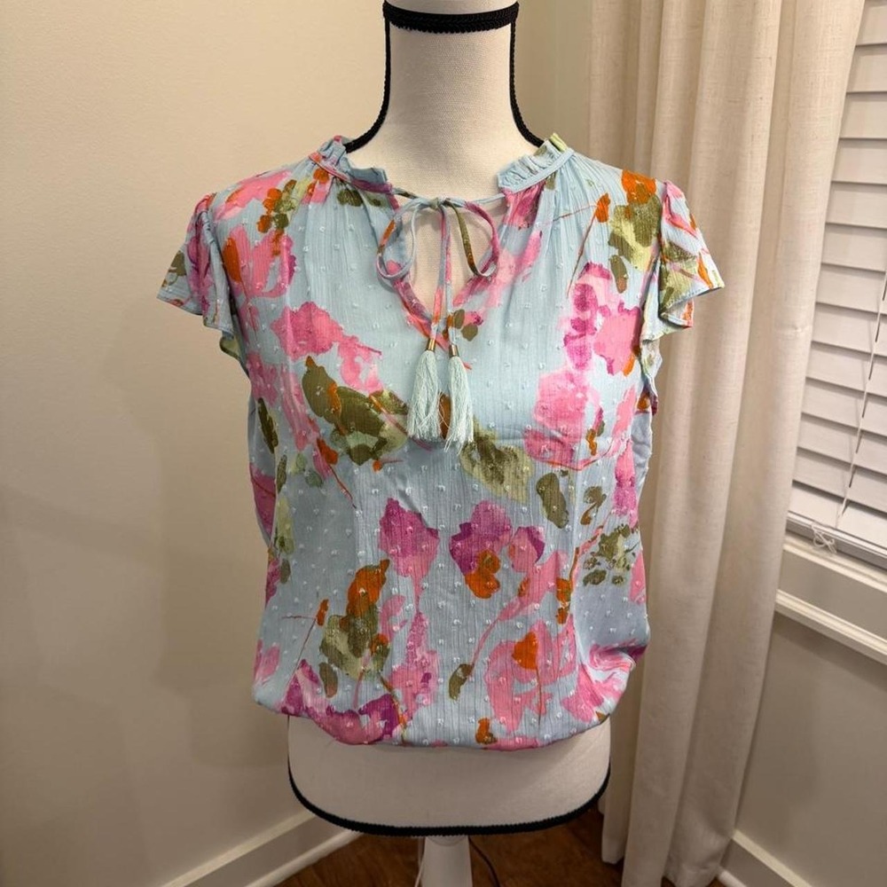 Rose + Olive Floral Clip Dot Blouse Blue Pink Tassel Tie Flutter Sleeve XS